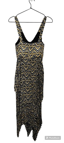 ALC Kendall Women's Ikat Silk Asymmetrical Pleated V-Neck Sleeveless Midi Dress - Picture 7 of 13