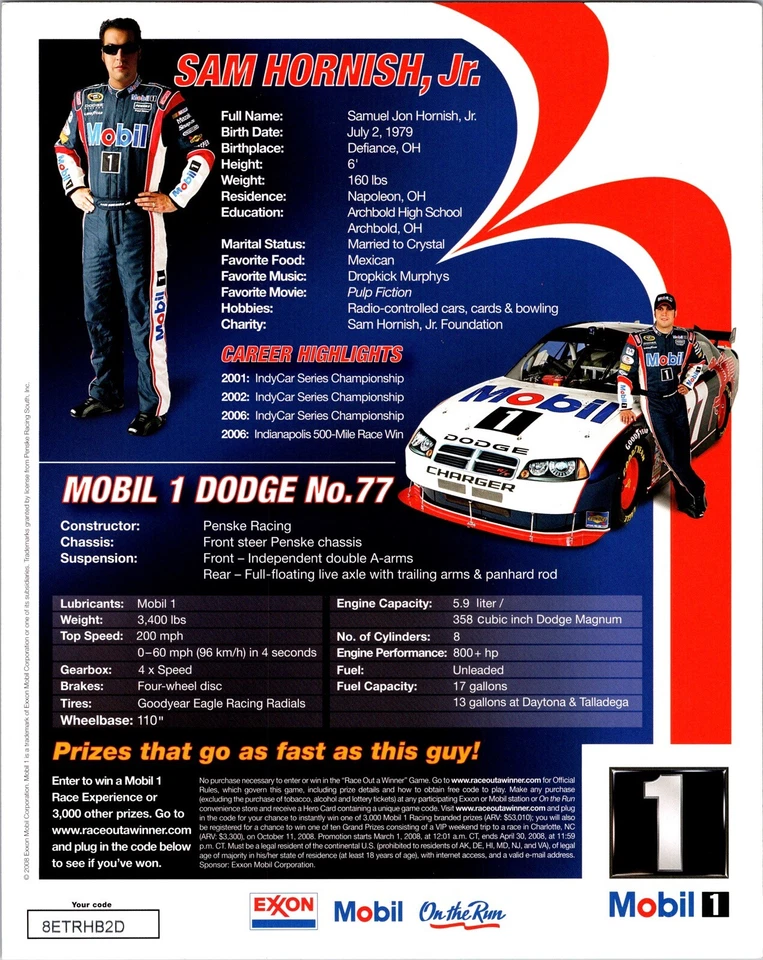 FOTOGRAFÍA Nascar Sam Hornish Jr. Mobil #1 Dodge #77 Foto 8 x 10 AD Foto 2 de 2