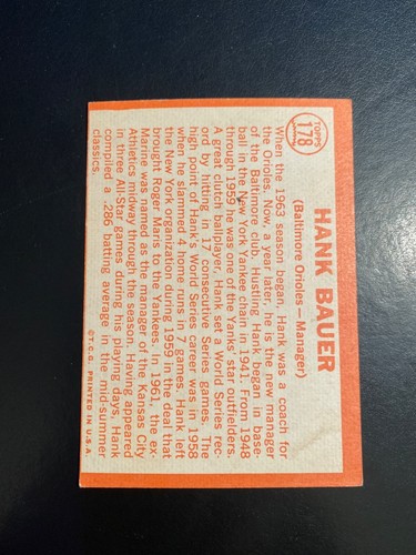 1964 TOPPS BASEBALL #178 HANK BAUER!! $1 SHIPPING!! - Picture 2 of 2