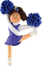 PERSONALIZED CHEERLEADER CHEER LEADER BLUE UNIFORM ORNAMENT BROWN BRUNETTE HAIR
