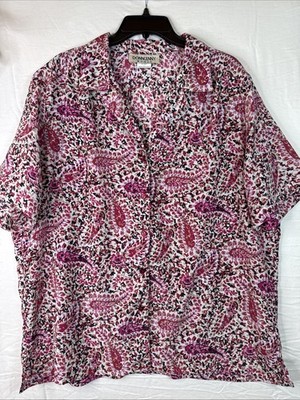 Donnkenny Woman Button Up Shirt 1X Pink Black Paisley Print Short Sleeve Blouse