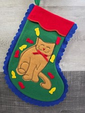 Christmas Stocking Happy Cat Applique with Fish Felt Kitten Pet Holiday 55b