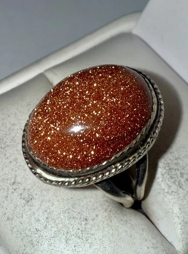 Vintage Native American Solid Sterling Silver Large Goldstone Ring Size 7.75