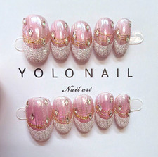 YOLO NAIL Pink Silver Gold Glitter Oval Medium Pre-Designed Press-On Nails