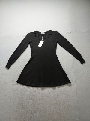 Yuna Fashion Women Mini Dress L Black Long Sleeve Beaded Crew Neck Party Wear