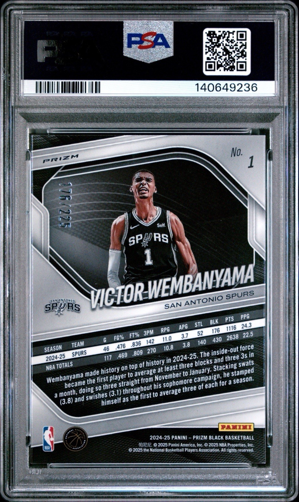 Victor Wembanyama /225 Basketball Prizm PSA 10 GEM MINT 2024 Prizm Black #1 SSP view 2
