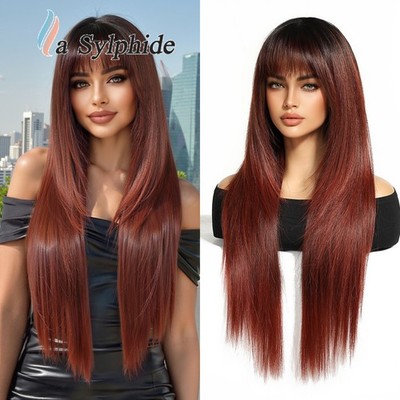 Extra Long Black Straight Wig Layered Invisible S Part Heat Resistant Synthetic