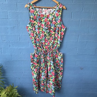 Vintage Floral Dress Size US 16 XXL Plus Size Black Pockets Sleeveless