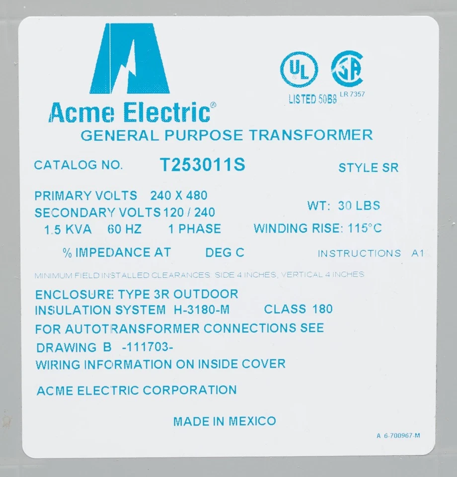 Transformador ACME ELECTRIC T253011S: 240V AC/480V AC, 120V AC/ Foto 2 de 3