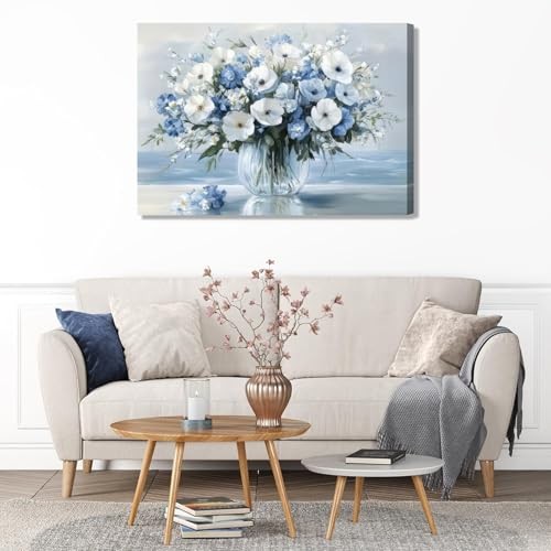 1Pcs Vintage Flowers Canvas Wall Art Blue Beach 16x24in Blue Art