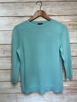 Talbots 100% Cashmere Crew Neck Tunic Sweater Sz PM Solid Aqua Blue Classic Fit