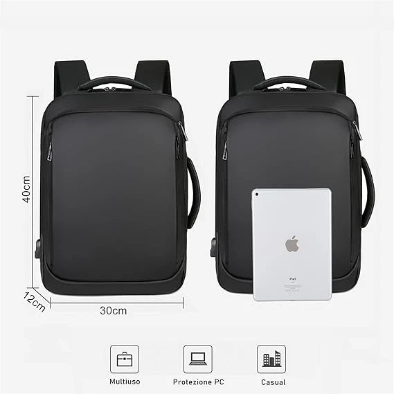 Zaino PC portatile con USB perfetto per ufficio e scuola pratico stilos nero KM1 - Immagine 2 di 4