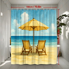 Beach Themed Shower Curtain with Umbrella and Chairs