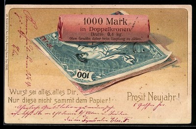 Lithograph Banknote, 1000 Mark in Double Crowns, La Multi Ani 1902 