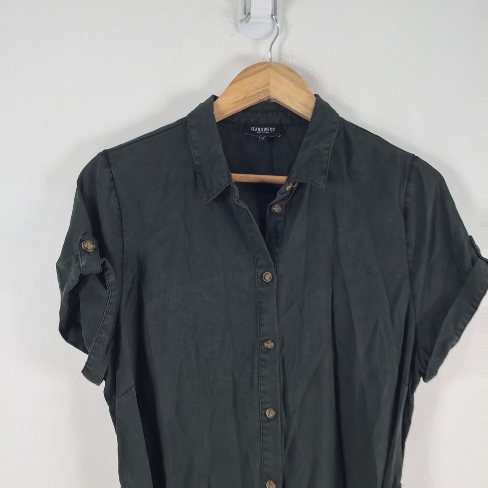 Jeanswest womens shirt dress size 12 tencel midnight green belt collar