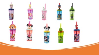 Kinder 3D Cartoon Figuren Trinkbecher mit integriertem erweiterbarem Strohhalm 360ml