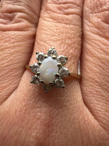 9ct Yellow Gold Ring Oval White Opal Halo Setting Gemstones UK Ring Size P - Picture 2 of 15
