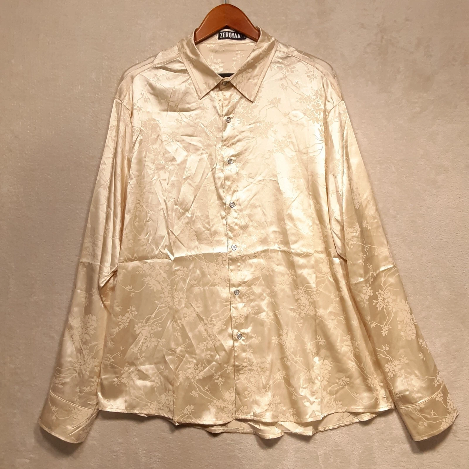 ZEROYAA Mens LS Floral Print Button Shirt Sz.2XL/Beige/Polyester Spandex