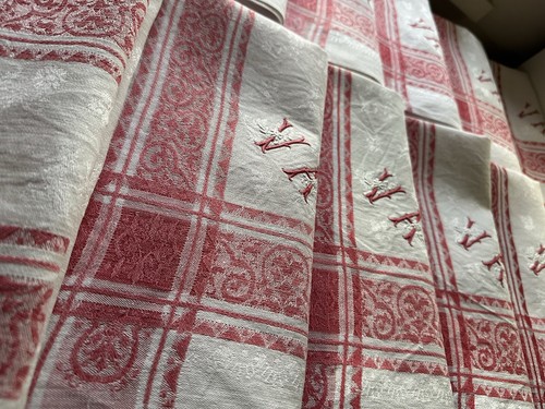 Antique tablecloth and 12 towels linen cotton 19th century Damascus floral red bed - Picture 4 of 13