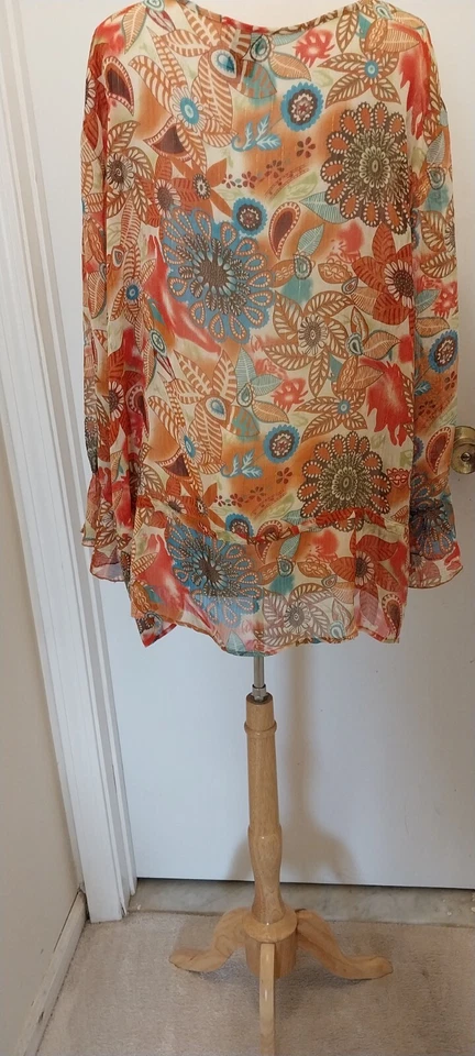 Túnica mujer R.Q.T. multicolor naranja turquesa floral mangas largas con volantes usada 3X Foto 3 de 3
