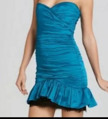 BCBG MAXAZRIA $378 Fleur Moroccan Blue Strapless Lace Tafetta ruched Dress  0 XS | eBay