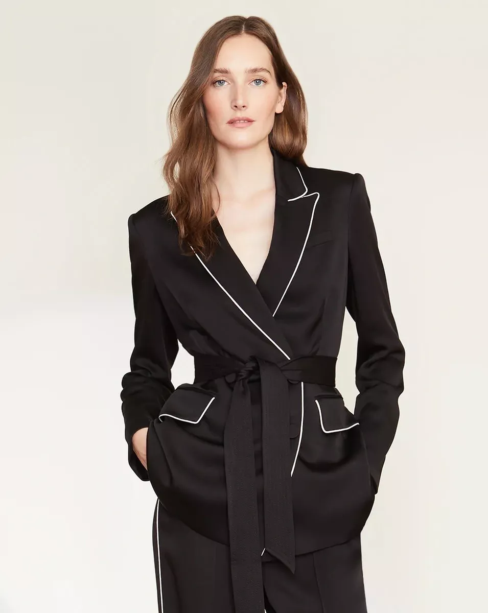 Veronica Beard Eiza Jacket Black Satin Tie Belt Padded Shoulder 4 NWT $695  | eBay