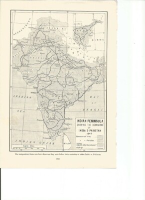 KARTE INDIEN INDISCHE HALBINSEL DOMINIONEN PAKISTAN um 1950 ALTER ILLUSTRATIONSDRUCK 