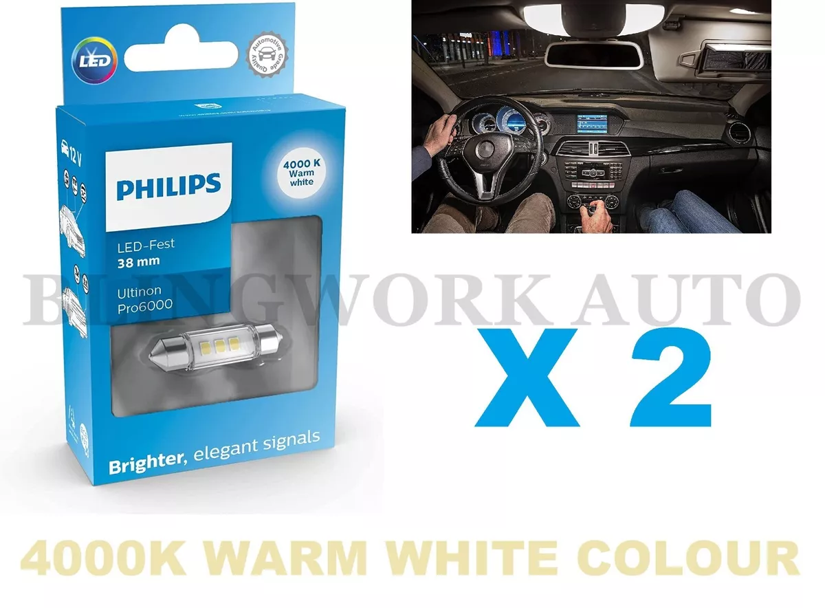 (PAIR) PHILIPS 38mm Ultinon Pro6000 LED 4000K Warm White Interior Festoon  Bulbs