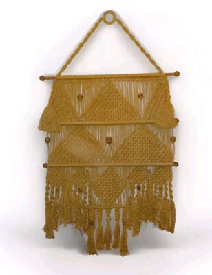 X-Large Vintage Macrame Wall Hanging Tribal Wood Beads Jute 31''x56