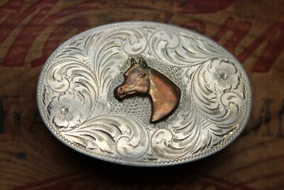 Vintage Diablo Sterling Silver Horse Head Western Cowboy Buckle Set with Belt Diablo Vintage Sterling Silver Engraved Belt Buckle with 3  main image 3