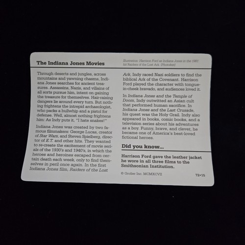 Harrison Ford Indiana Jones Movies Grolier Story of America History Card 1997 - 第 2/2 張圖片