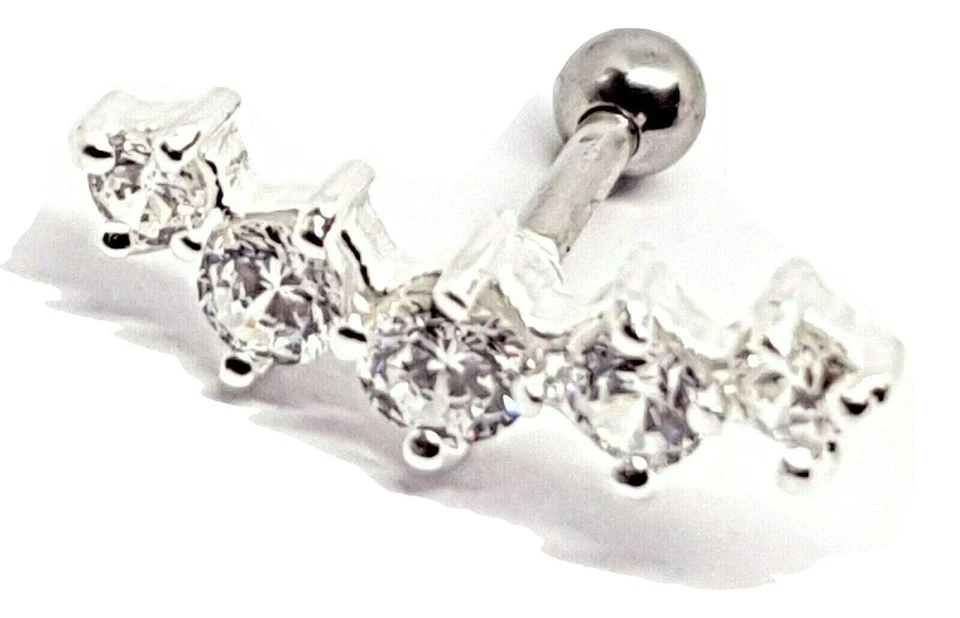 Tragus 5 cristalli trasparenti lusso 16 g (1,2 mm) orecchino argento 925 labr... - Immagine 2 di 4