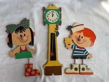 Vtg Dolly Toy Hickory Dickory Dock Nursery Wall Plaques Girl Boy Clock Mouse 70