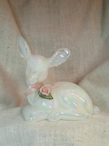 Vintage Fenton Glass Pearl White Opalescent Deer Figurine With Rosebud.