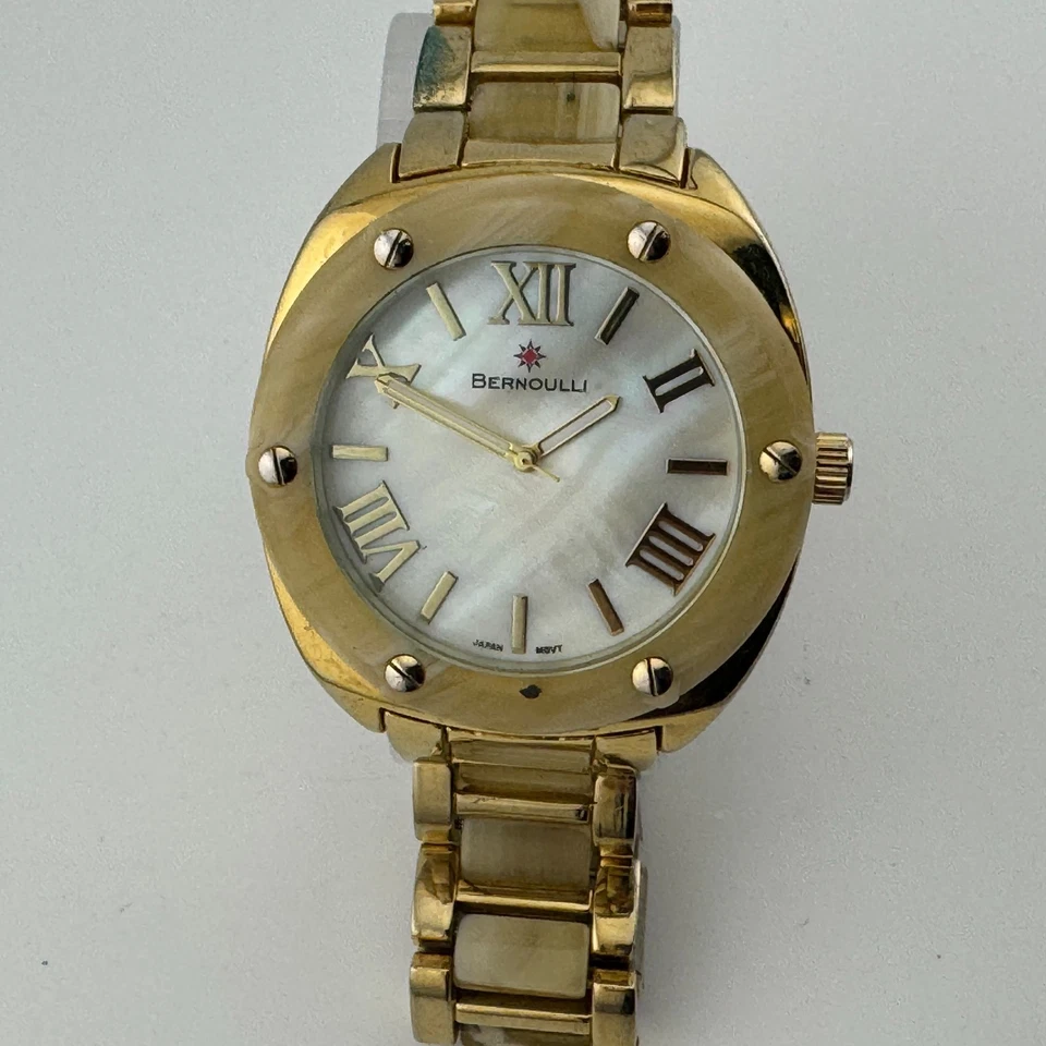 Bernoulli Reloj Cuarzo Unisex Tono Dorado Ónix Look Japón Analógico Batería Nueva 6.5" Foto 2 de 4