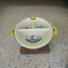 1940s Little Bo Peep Divided Bowl Warmer Dish Ceramic and Chrome Yellow
