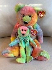 Matching Set of TY Tie-Dye Beanie Buddy & Beanie Baby Peace The Bear