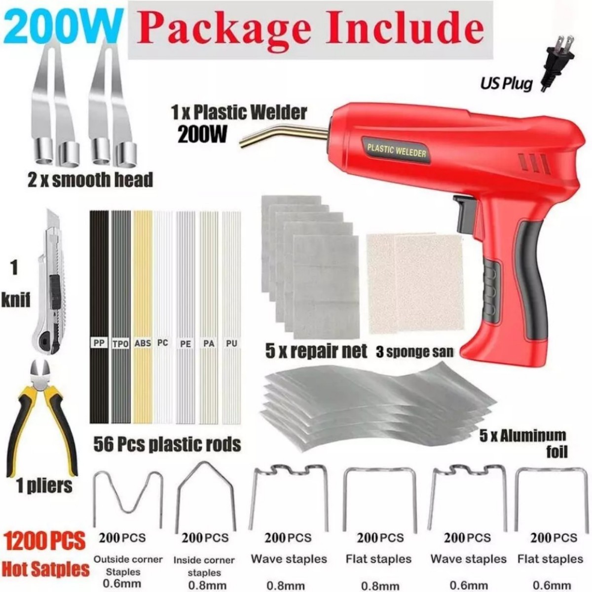1200 Staples Hot Stapler Car Bumper Fender Welder Gun Plastic Repair Kit 200W US
