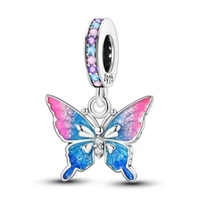 Colorful Butterfly Dangle Charm Fit Bracelet Necklace, 925 Sterling Silver