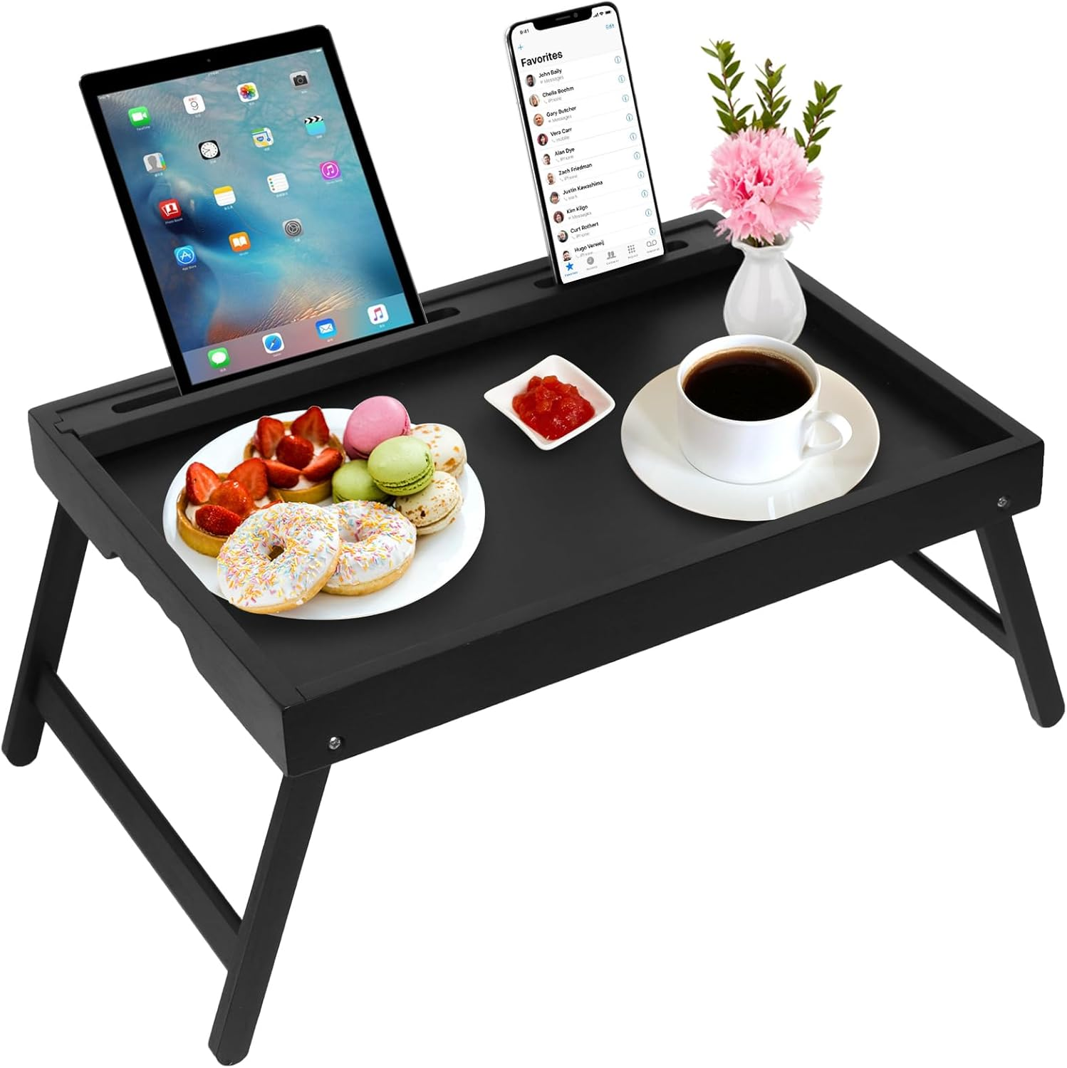 Bed Tray Table with Handles Folding Legs,Bamboo Breakfast Food Tray with Media S