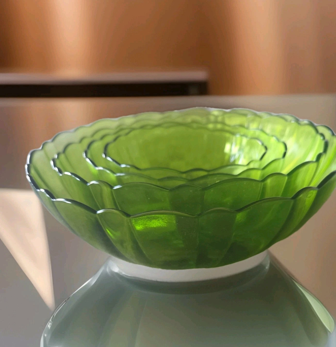4 Vintage Anchor Hocking Green Glass Nesting Bowls Scalloped Edge