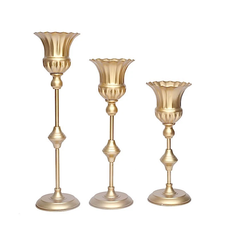 3 Gold Metal Flute Trumpet Flower Vases Centerpieces Party Event Decorations