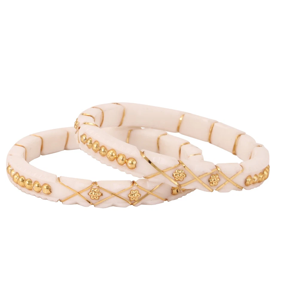 Juego de brazaletes Shakha chapados en oro hechos a mano brazaletes elegantes de acrílico blanco para mujer Foto 2 de 4