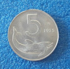 MONETA REPUBBLICA ITALIANA 5 LIRE DELFINO 1975 FDC DA ROTOLINO