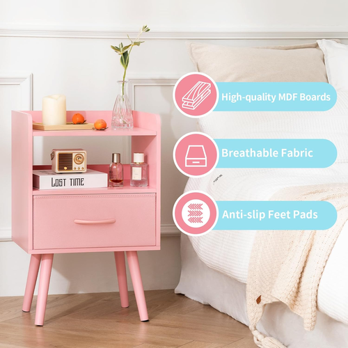 Night Stand with Fabric Drawer, Modern Nightstand, Bedside Tables, Mid Century N - Picture 3 of 12