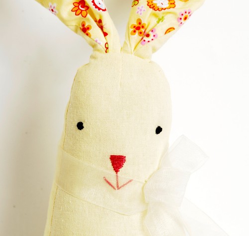Easter Handcrafted Rabbit Bunny Yellow Linen Ribbon Embroidered Stuffed Weighted - Picture 6 of 7