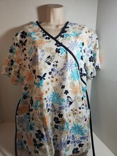 SB Scrubs White Floral Butterfly Size Medium M Women's Scrub Top Colorful
