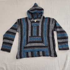 Vtg Baja Joe Boho Hippie Drug Rug Poncho Blue Gray Striped Hoodie Casual Small