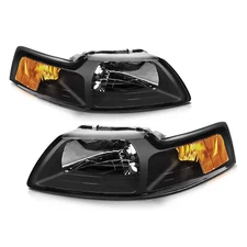 For 99-04 Ford Mustang Black Housing Amber Corner Headlights Replacement Lamps