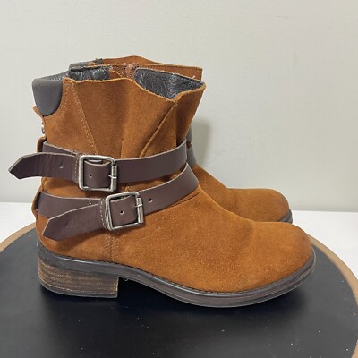 Steve Madden Dormaa Ankle Boots Cognac Suede Brown Leather Buckles Zip Women 9.5